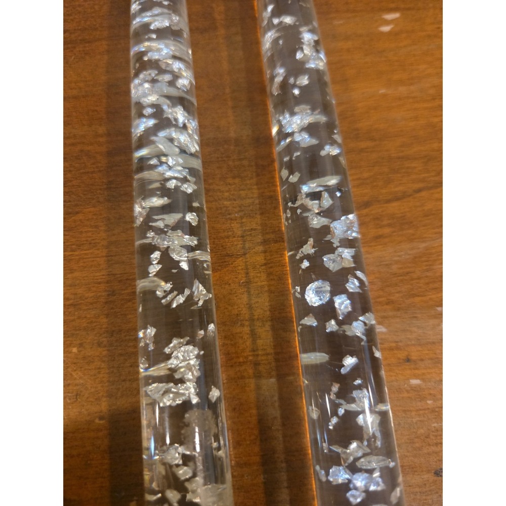 Vintage Lucite Acrylic Clear Taper Pair Candles Silver Flake 10" MCM Box Incl. - Picture 5 of 12